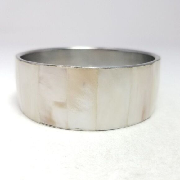 Vintage Cream Panel Inlaid Wide Bangle Bracelet, Silver Tone Setting, Estate - Picture 2 of 6